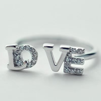 metal Anillo de dedo Cuff, palabra amor, chapado en plata real, con diamantes de imitación, 10-12mm, tamaño:5, Vendido por UD