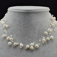 Natural Freshwater Pearl Necklace, with Crystal Thread, brass lobster clasp, with 5cm extender chain, Potato, white, 4mm, 8-9mm, Sold Per Approx 16.5 Inch Strand
