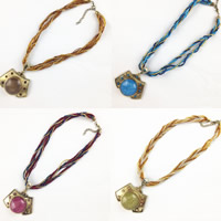 Resin Necklace, Tibetan Style, with Nylon Cord & Glass Seed Beads & Resin, with 5cm extender chain, antique gold color plated, Bohemian style & imitation turquoise & with rhinestone, more colors for choice, nickel, lead & cadmium free, 50mm, Sold Per Approx 16.5 Inch Strand
