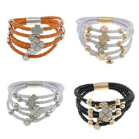 PU Leather Cord Bracelets, with Rhinestone Clay Pave, stainless steel magnetic clasp, plated, with 48 pcs rhinestone & 5-strand, more colors for choice, 9x9mm, 12.5x12.5x11mm, 15x15mm, 8mm, 4mm, Length:Approx 8 Inch, 2Strands/Lot, Sold By Lot