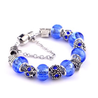 European Bracelet, Tibetan Style, with brass chain & Lampwork, Crown, antique silver color plated, different length for choice & with rhinestone, nickel, lead & cadmium free, 180-200mm, Sold By Strand