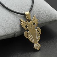 Stainless Steel Jewelry Necklace with rubber cord iron lobster clasp with 4cm extender chain Owl gold color plated Sold Per Approx 17 Inch Strand