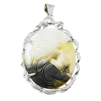 Natural Yellow Shell Pendants, Brass, with Yellow Shell, platinum color plated, lady cameo, nickel, lead & cadmium free, 35x55x5mm, Hole:Approx 4x7mm, 10PCs/Lot, Sold By Lot