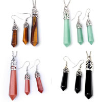 Natural Gemstone Jewelry Sets pendant & earring with Brass pendulum platinum color plated 10-12x60-70mm Sold By Lot