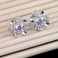 Brass Stud Earring, Flower, real silver plated, with rhinestone, nickel, lead & cadmium free, 8mm, Sold By Pair