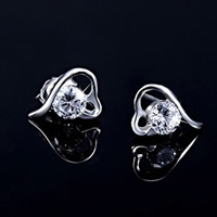 Brass Stud Earring Heart silver color plated with rhinestone nickel lead & cadmium free 8mm Sold By Pair