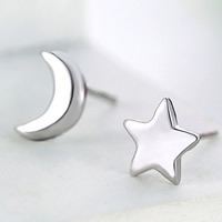 Асимметричные серьги, Латунь, Луна и звезды, плакирован серебром, не содержит никель, свинец, 5-6mm, продается Пара