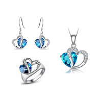 Crystal Jewelry Sets finger ring & earring & necklace Brass with Crystal Heart platinum plated Singapore chain & micro pave cubic zirconia blue nickel lead & cadmium free US Ring Length Approx 17 Inch Sold By Set