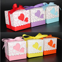 Wedding Candy Box, Paper, with Satin Ribbon, Square, handmade, with heart pattern, more colors for choice, 50x50x50mm, 300PCs/Lot, Sold By Lot