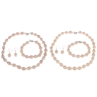 Natural Cultured Freshwater Pearl Jewelry Sets bracelet & earring & necklace brass clasp iron earring hook Rice 11-12mm Length Approx 17 Inch Approx 7.5 Inch Sold By Set
