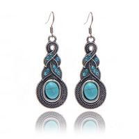 Tibetan Style Drop Earring, with Turquoise, iron earring hook, antique silver color plated, with rhinestone, blue, nickel, lead & cadmium free, 55x20mm, 5Pairs/Bag, Sold By Bag