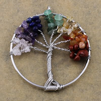 Tree Of Life Pendants, Tibetan Style, with Gemstone, Flat Round, platinum color plated, natural, nickel, lead & cadmium free, 49x54x7.50mm, Hole:Approx 3x4mm, Sold By PC
