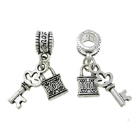 European Style Zinc Alloy Dangle Beads Lock and Key word love silver color plated without troll & blacken nickel lead & cadmium free  Approx 5mm Sold By Lot