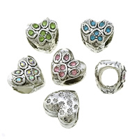 Tibetan Style European Beads, Heart, silver color plated, without troll & with rhinestone & blacken, more colors for choice, nickel, lead & cadmium free, 10x9.50x8mm, Hole:Approx 5mm, 100PCs/Lot, Sold By Lot