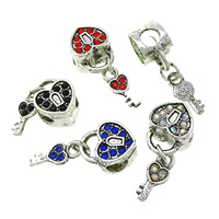European Style Tibetan Style Dangle Beads, Lock and Key, silver color plated, without troll & with rhinestone & blacken, more colors for choice, nickel, lead & cadmium free, 26mm, 10x13x7mm, 5x13x2mm, Hole:Approx 4mm, 100PCs/Lot, Sold By Lot
