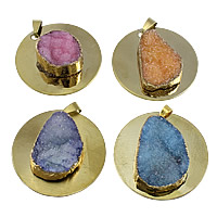 Natural Agate Druzy Pendant, Brass, with Ice Quartz Agate, Flat Round, gold color plated, druzy style, more colors for choice, nickel, lead & cadmium free, 42x42x11-14mm, Hole:Approx 4x8.5mm, 10PCs/Lot, Sold By Lot