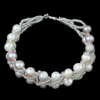 Freshwater Cultured Pearl Bracelet, Freshwater Pearl, with Glass Seed Beads, brass lobster clasp, Potato, natural, kumihimo & two tone, 5-6mm, Sold Per Approx 7 Inch Strand