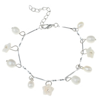 Freshwater Cultured Pearl Bracelet, Freshwater Pearl, with Freshwater Shell & Brass, with 4cm extender chain, Rice, platinum color plated, natural & bar chain, white, 6-7mm, Sold Per Approx 7 Inch Strand