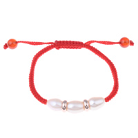 Freshwater Pearl Woven Ball Bracelets, with Nylon Cord & Acrylic, Keshi, natural, red, 6-7mm, Sold Per Approx 5 Inch Strand