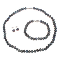 Natural Cultured Freshwater Pearl Jewelry Sets, bracelet & earring & necklace, brass fishhook clasp, brass post pin, Button, black, 7-8mm, Hole:Approx 2-7mm, Length:Approx 17.5 Inch, Approx 7 Inch, Sold By Set