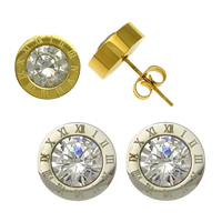 Stainless Steel Stud Earrings Flat Round plated with roman number & with rhinestone Sold By Lot