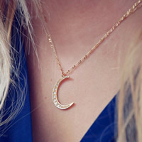 Zinc Alloy Jewelry Necklace with iron chain Moon gold color plated oval chain & with rhinestone nickel lead & cadmium free 45cm Length Approx 17.5 Inch Sold By Bag