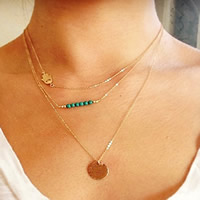 Multi Layer Necklace Zinc Alloy with iron chain & Turquoise Hamsa gold color plated Islamic jewelry & oval chain &  nickel lead & cadmium free 40cm Length Approx 15.5 Inch Sold By Bag