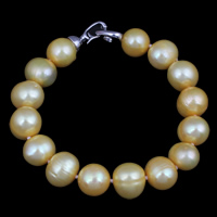 Sötvatten odlade Pearl Bracelet, Freshwater Pearl, mässing Foldover lås, Potatis, gul, 11-12mm, Såld Per Ca 7.5 inch Strand