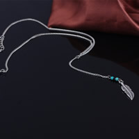 Zinc Alloy Jewelry Necklace with iron chain & Turquoise & Crystal with 5cm extender chain Feather silver color plated twist oval chain & faceted nickel lead & cadmium free 38cm Length Approx 15 Inch Sold By Bag