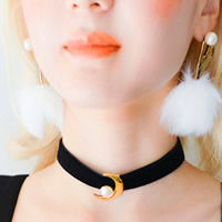 Gothic Necklace, Velveteen, with ABS Plastic Pearl & Tibetan Style, with 8cm extender chain, Moon, gold color plated, gothic style, 35cm, Length:Approx 13.5 Inch, 3Strands/Bag, Sold By Bag