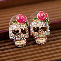 Tibetan Style Stud Earring, with rubber earnut, Skull, gold color plated, enamel & with rhinestone, nickel, lead & cadmium free, 12mm, Sold By PC