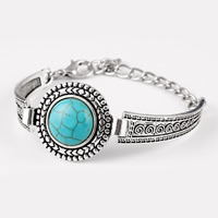 Tibetan Style Bracelet, with Turquoise, with 6.5cm extender chain, Flat Round, antique silver color plated, blue, nickel, lead & cadmium free, 110mm, Length:Approx 6-7 Inch, 2Strands/Bag, Sold By Bag