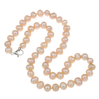 Přírodní Sladkovodní Pearl náhrdelník, mosaz Karabinky, Brambor, růžový, 9-10mm, Prodáno za Cca 17 inch Strand