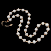Freshwater Pearl Brass Necklace, with Brass, with 5cm extender chain, Potato, gold color plated, natural, white, 9-10mm, Sold Per Approx 18 Inch Strand