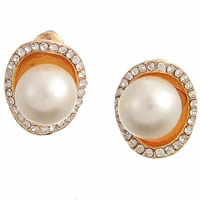 Zinc Alloy Stud Earring with ABS Plastic Pearl iron post pin gold color plated with rhinestone nickel lead & cadmium free Sold By Pair