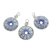 Blue Spot Pendant, with Iron, Flat Round, platinum color plated, 33x50x6mm, Hole:Approx 5mm, 10PCs/Bag, Sold By Bag