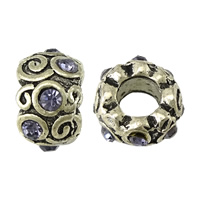 Rhinestone Tibetan Style Beads, Rondelle, antique silver color plated, with rhinestone, nickel, lead & cadmium free, 7.50x12.50x12.50mm, Hole:Approx 5.5mm, 100PCs/Lot, Sold By Lot