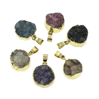 Natural Agate Druzy Pendant, Ice Quartz Agate, with iron bail, Flat Round, gold color plated, druzy style, mixed colors, 15x7mm-17x10mm, Hole:Approx 5x6mm, 10PCs/Bag, Sold By Bag