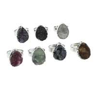 Ice Quartz Agate, with Tibetan Style, Teardrop, silver color plated, natural & druzy style & adjustable, more colors for choice, 15x21x7mm-16x22x10mm, US Ring Size:8, 10PCs/Bag, Sold By Bag
