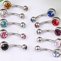Stainless Steel Belly Ring, with rhinestone, mixed colors, 5mm, 8mm, 50PCs/Lot, Sold By Lot