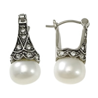 Freshwater Pearl Earrings, Stainless Steel, with Freshwater Pearl, natural, with rhinestone & blacken, white, 9.50x22x4.50mm, Sold By Pair