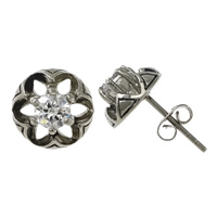 Stainless Steel Stud Earrings, Flower, with cubic zirconia & blacken, 9.50x16mm, 10Pairs/Lot, Sold By Lot