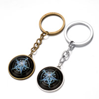 Zinc Alloy Key Chain with iron ring & Glass Flat Round plated time gem jewelry & with star pattern nickel lead & cadmium free Approx 26mm Length Approx 3 Inch Sold By Bag