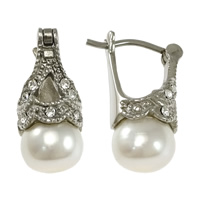 Freshwater Pearl Earrings, Stainless Steel, with Freshwater Pearl, natural, with rhinestone, white, 9x20x14mm, Sold By Pair