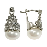 Freshwater Pearl Earrings, Stainless Steel, with Freshwater Pearl, natural, with rhinestone, white, 9x19.50x14mm, Sold By Pair