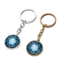 Tibetan Style Key Chain, with iron ring & Glass, Flat Round, plated, time gem jewelry & with star pattern, more colors for choice, nickel, lead & cadmium free, 25x80mm, Hole:Approx 26mm, Length:Approx 3 Inch, 12Strands/Bag, Sold By Bag