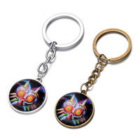 Tibetan Style Key Chain, with iron ring & Glass, Flat Round, plated, time gem jewelry, more colors for choice, nickel, lead & cadmium free, 25x80mm, Hole:Approx 26mm, Length:Approx 3 Inch, 12Strands/Bag, Sold By Bag