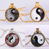 Time Gem Jewelry Necklace, Tibetan Style, with iron chain & Glass, with 5cm extender chain, Flat Round, plated, ying yang & oval chain & different designs for choice, nickel, lead & cadmium free, 25mm, Length:Approx 19.5 Inch, 12Strands/Bag, Sold By Bag