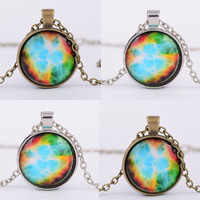 Time Gem Jewelry Necklace, Tibetan Style, with iron chain & Glass, with 5cm extender chain, Flat Round, plated, oval chain, more colors for choice, nickel, lead & cadmium free, 25mm, Length:Approx 19.5 Inch, 12Strands/Bag, Sold By Bag