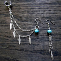 Asymmetric Earrings, Tibetan Style, with Turquoise, iron earring hook, silver color plated, nickel, lead & cadmium free, 110mm,125mm, 3Pairs/Bag, Sold By Bag